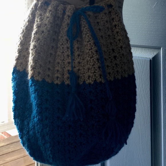 Handmade blue and tan drawstring tote bag - Picture 2 of 5